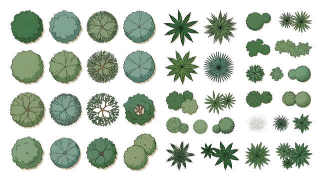 Top view trees and plants collection vector set isolated on black background, architectural landscape entourage symbols including green canopy circles, palm tops, bushes, and groundcover for site plan
