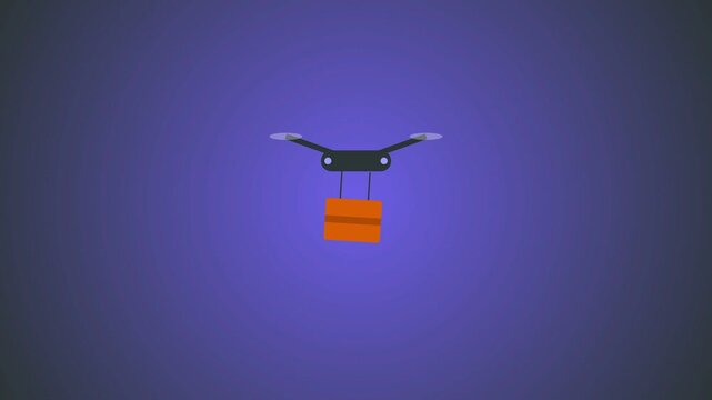 Futuristic drone shopping delivery concept animation showing an automated quadcopter carrying a package against a clean gradient background for modern ecommerce logistics