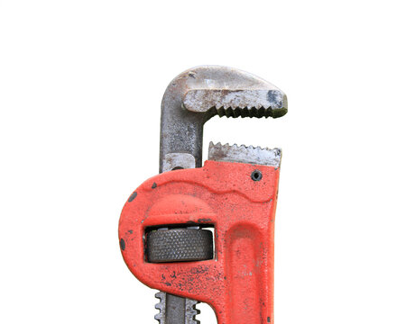 Red pipe wrench head showing adjustable mechanism with view weathered red on transparent background