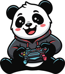 Cute panda gamer character holding a video game controller vector illustration for esports and gaming. © krisna