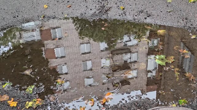 A reflection of a building in a puddle of water, suitable for use in travel, urban, or architectural images
