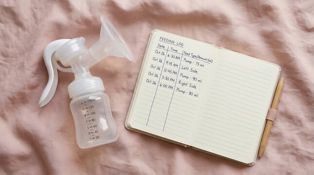 Manual breast pump and infant feeding log notebook on soft pink linen fabric background