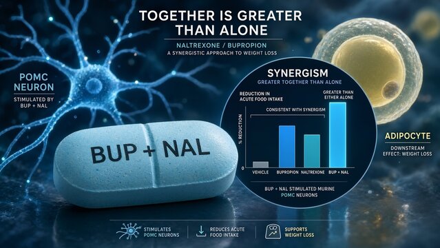 Obesity treatment bup nal tablet with microscopic inset demonstrating synergistic pomc neuron stimulation and reduced food intake compared to monotherapy, with cellular background