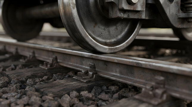Close up of a metal train wheel resting on steel railway tracks