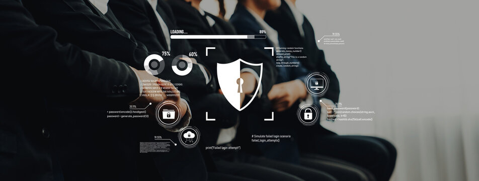 A group of business professionals participates in a cybersecurity training session. Digital graphics highlight security elements, emphasizing data safety and interactive learning. Trope