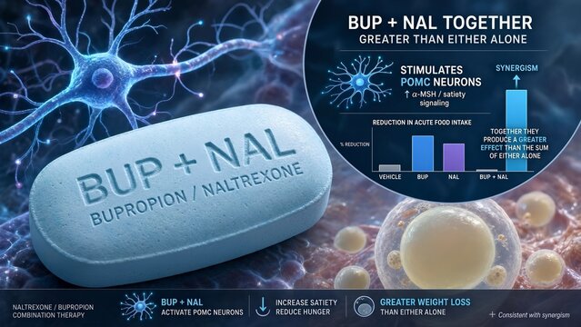 Naltrexone bupropion combination tablet with scientific inset showing synergistic weight loss from stimulated pomc neurons and reduced food intake, with neuron and adipocyte background