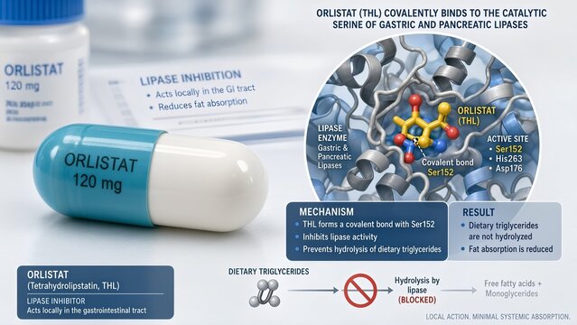 Weight management orlistat capsule with zoomed inset showing tetrahydrolipstatin covalently binding to the catalytic serine residue of gastric and pancreatic lipases to block fat