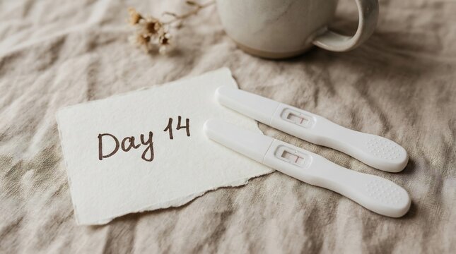 Two ovulation test strips with a handwritten note saying Day 14 on textured linen fabric