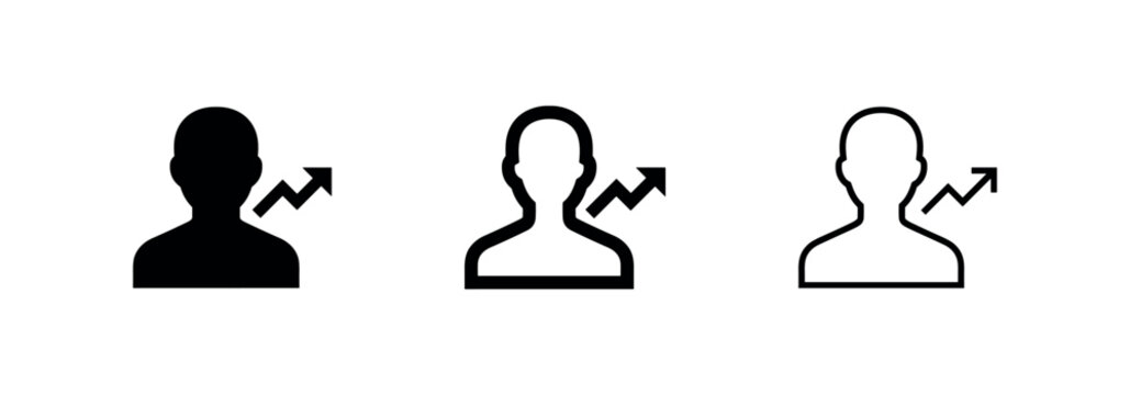 User growth or personal progress icon set. Profile with increasing arrow symbol in filled, bold, and thin outline styles.