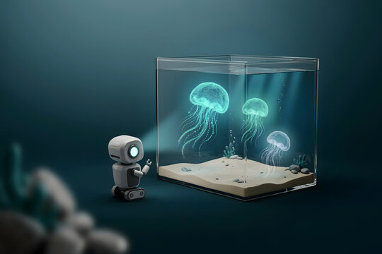 A small white robot observing glowing jellyfish inside a glass aquarium on a dark teal background, with bubbles and, sand at the, bottom of the tank