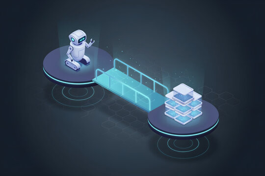A small white robot on a circular platform connected by a bridge to a stack of glowing digital data cubes against a dark blue background space