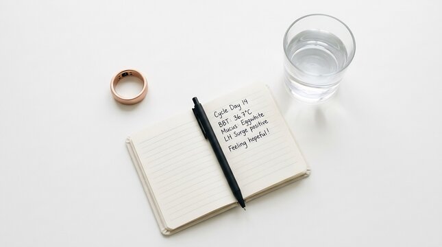 Health tracking set with smart ring, open notebook with fertility notes, pen and glass of water on white background