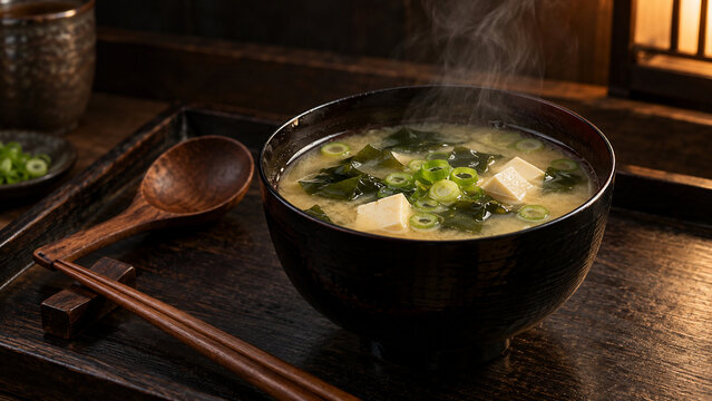 Miso soup with tofu, wakame and scallion in a black lacquer bowl