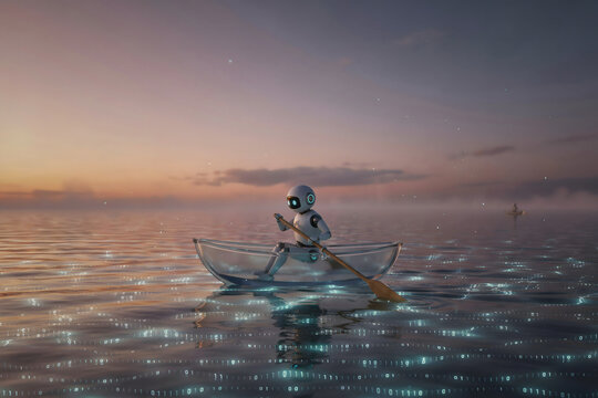 A small white robot rowing a transparent glass boat on a dark sea with glowing binary code numbers floating in the water at twilight time