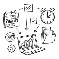 Obraz premium Business workflow icons featuring a laptop with growth chart calendar alarm clock target documents hand drawn workflow