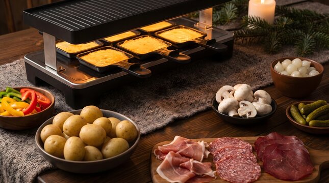 Tabletop Raclette Grill With Cheese and Dinner Ingredients