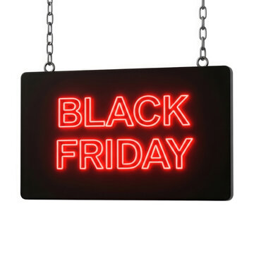 Black Friday neon sign hanging from metal chains with a dark background