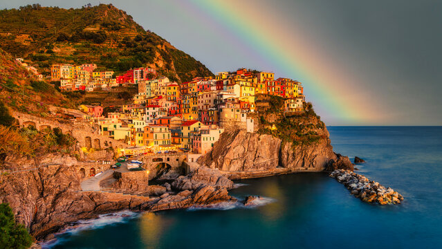 Manarola Rainbow Over Cinque Terre &ndash; Colorful Cliffside Village in Liguria, italy