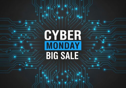 Cyber Monday big sale banner with glowing circuit board pattern on dark background