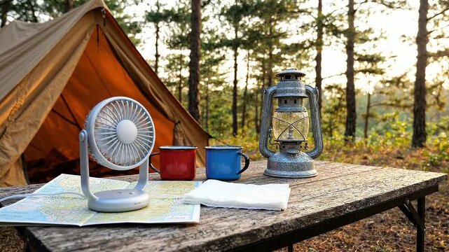 Campsite table holds camping gear beside tent, including portable fan, lantern, red and blue mugs, folded cloth, and map, creating practical outdoor travel setup within sunlit woodland