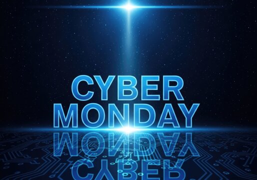 Cyber Monday promotional graphic with glowing text and digital circuit board background