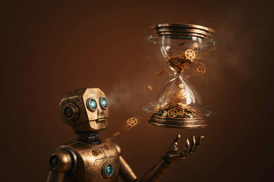 A vintage robot with glowing blue eyes looking at a floating hourglass filled with golden gears, set against a dark brown background, with smoke
