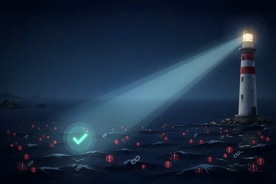 A tall lighthouse illuminates a dark sea with a bright beam, revealing red warning and green check marks scattered on the water waves