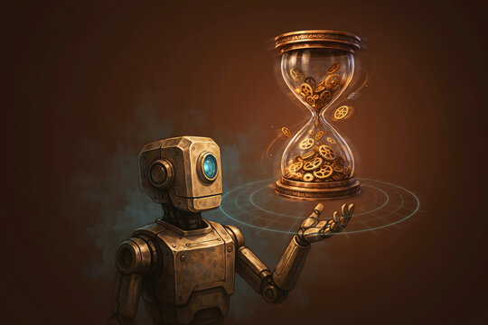 A vintage style robot holding a glowing hourglass filled with golden mechanical gears, set against a dark brown background, with light effects