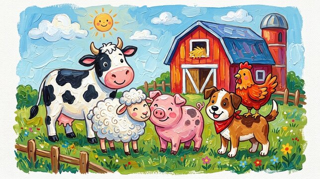 Cute cartoon farm animals illustration, happy livestock group with cow and pig, colorful barnyard landscape for children
