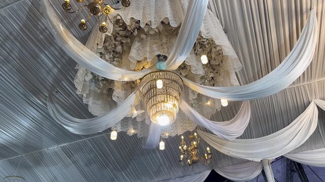 Beautiful symmetrical circular drapery ceiling design on elegant wedding venue