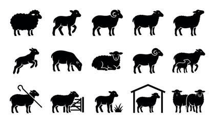 Obraz premium Black silhouette vector icons collection of sheep, lambs, rams, and farm animals isolated on white