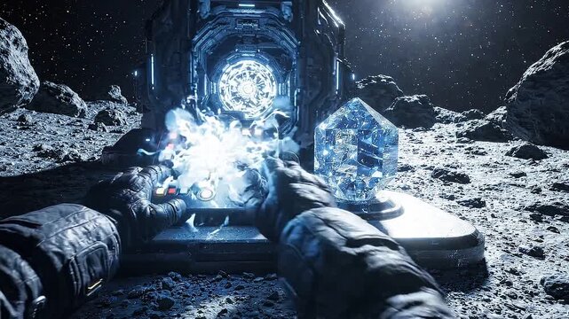 Gloved astronaut hands control illuminated panel next to faceted crystal as blue power surges into circular portal, set on barren lunar terrain with towering sci fi structure and stars
