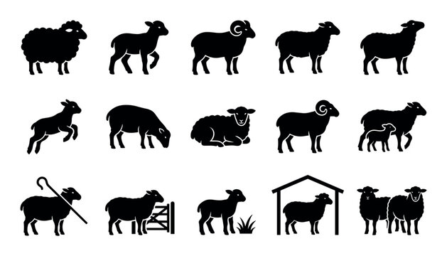 Black silhouette vector icons collection of sheep, lambs, rams, and farm animals isolated on white
