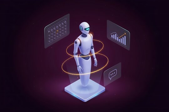 An isometric humanoid robot standing on a glowing platform with floating digital panels displaying a calendar, a growth chart, and a message