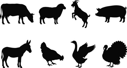 Fototapeta premium Farm animal silhouette vector icon set featuring cow, sheep, goat, pig, donkey, chicken, goose, and turkey.