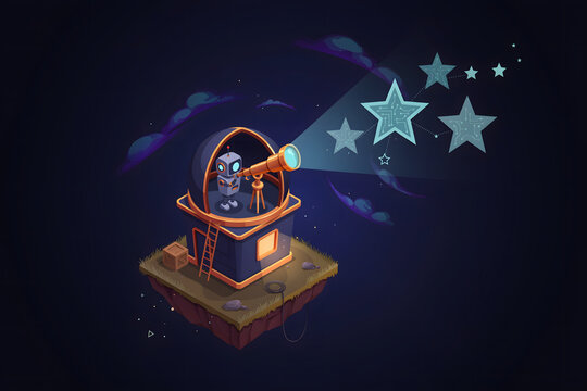 Cute robot inside a small observatory on a floating island, looking through a telescope to project bright star shapes into the dark sky