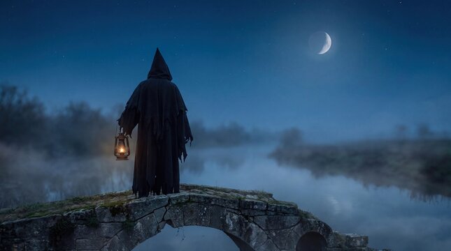 Hooded cloaked figure holding glowing lantern on bridge view
