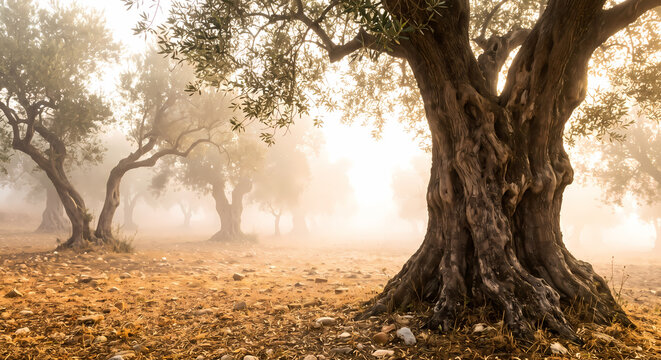 Sunlight filters through the thick morning mist surrounding the twisted trunks of ancient olive trees standing in a tranquil grove during the harvest season within a rural Mediterranean
