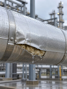 Damaged Metal Jacketing Exposing Wet Thermal Insulation causing CUI Hazard 3D Render
