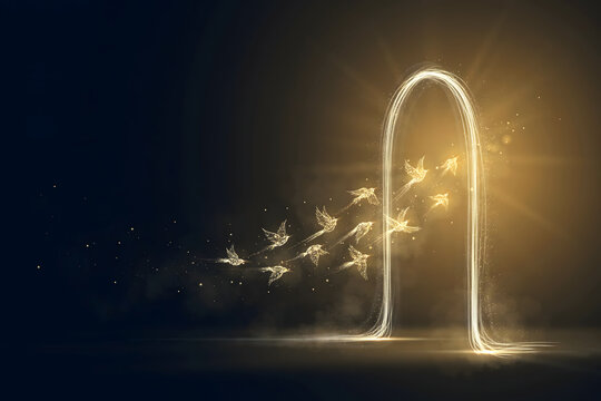 Glowing birds flying into a bright golden arched doorway in a dark environment with light rays and floating dust particles in the atmosphere