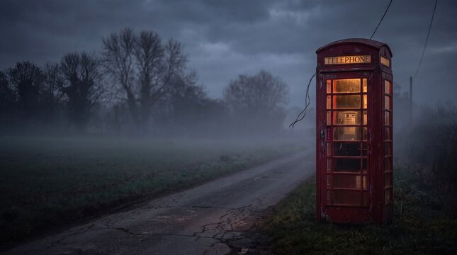 Vintage red telephone booth on lonely country road view