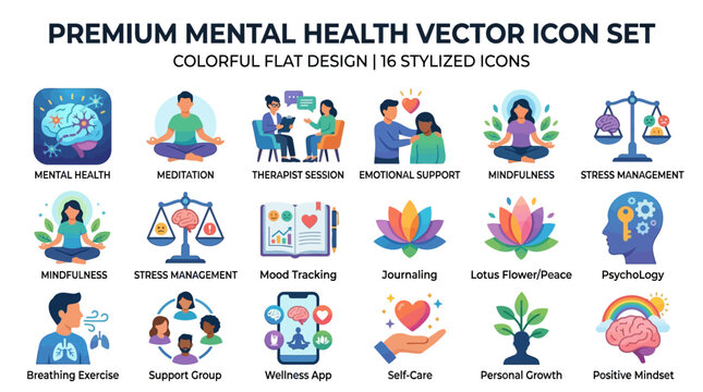 Mental Health Icon Set Featuring Colorful Flat Vector Illustrations for Psychological Support and Holistic Wellness Concepts