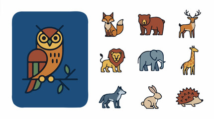Obraz premium Flat design icon set featuring diverse animals like owl, fox, hedgehog, wolf, giraffe, bear, deer, rabbit, elephant, lion