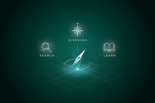 Isometric digital interface with a glowing compass needle, search magnifying glass, book and compass rose on a grid background