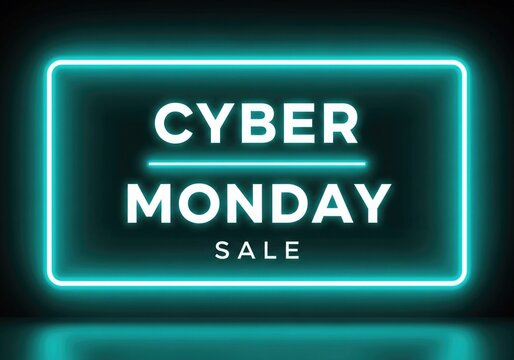 Neon sign displaying cyber monday sale with glowing turquoise light on a dark background