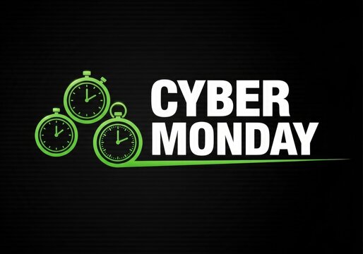 Cyber Monday sale promotion with three green clocks and bold typography on black background