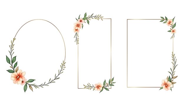Set of elegant floral frames with soft watercolor flowers and leaves for wedding invitation