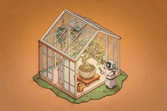 Isometric of a small white robot pruning a bonsai tree inside a glass greenhouse with hanging plants and a golden watering can