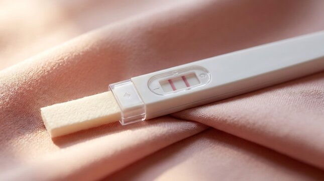 positive ovulation test strip displaying two pink lines resting on a soft pink fabric background with gentle lighting