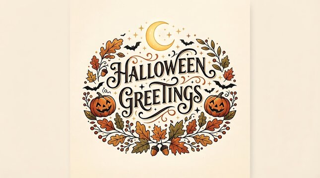 Halloween greetings emblem with pumpkins bats leaves and moon in warm autumnal tones